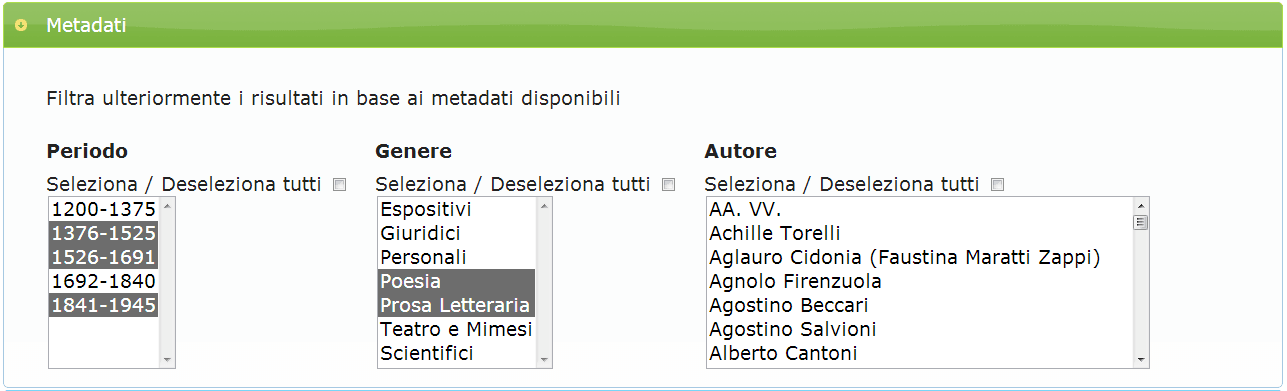 Selezionare periodi e generi