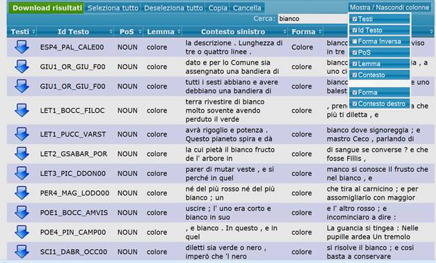 Esempio di filtro delle colonne dei risultati