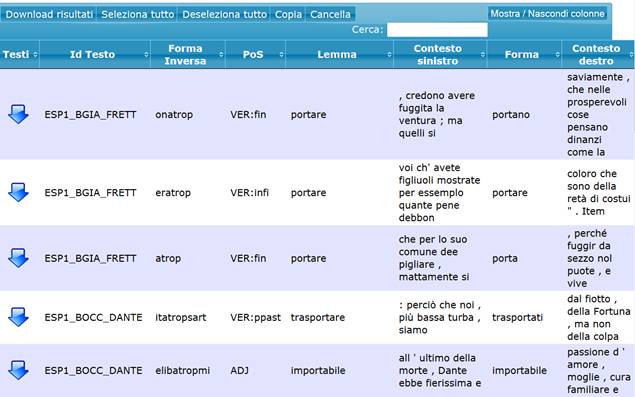 Esempio di visualizzazione del risultato con opzione con opzione 'Contiene'